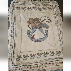 Vintage Red Calliope Teddy Bear Rocking Horse Crib Comforter  Ruffles 41" x 32"